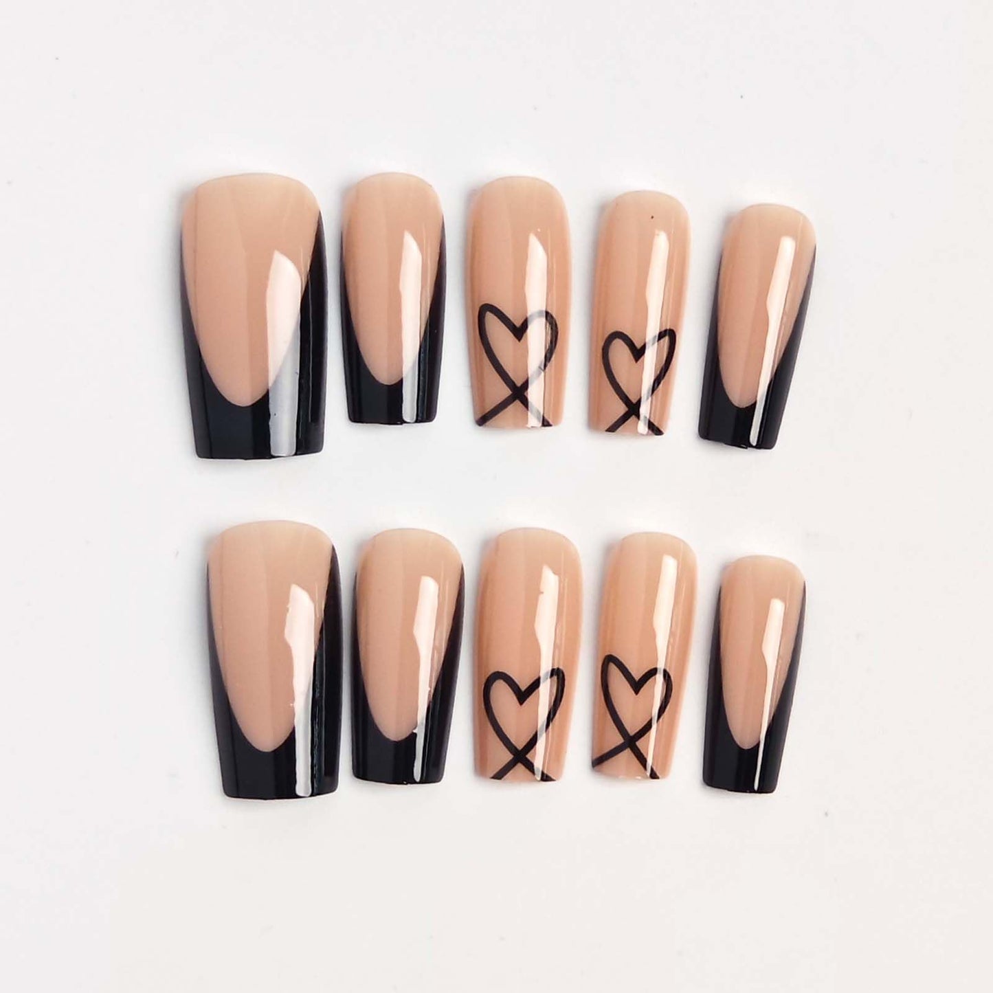 Black French Tip Press on Nails Coffin - Medium Fake Nails with Heart Design - Glossy Full Cover Stick on Press ons for Women Manicure Kit 24 Pcs