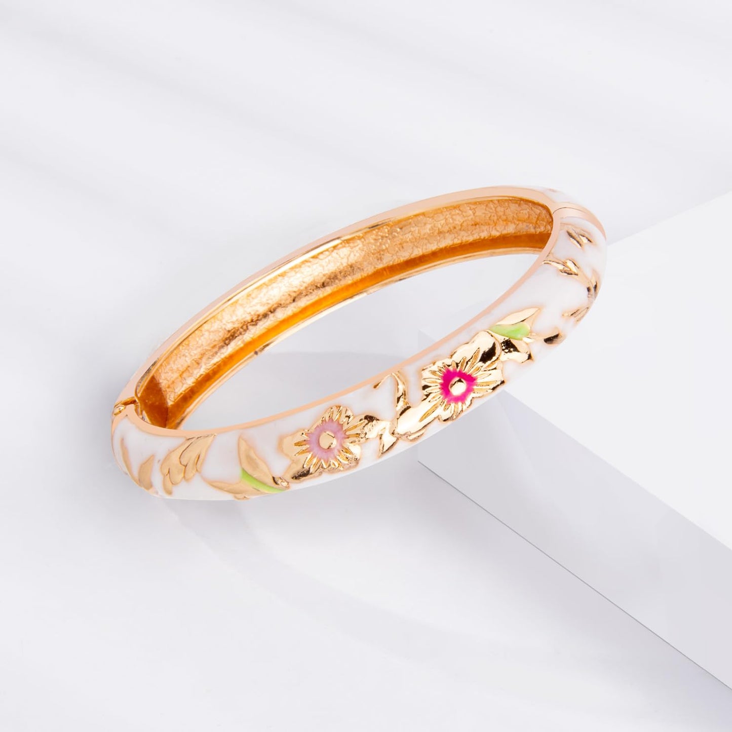 UJOY Flowers Bracelet Multi-Colors Cloisonne Wedding Jewelry Gift Women Enameled Bangles Opening Hinged 55A103 White