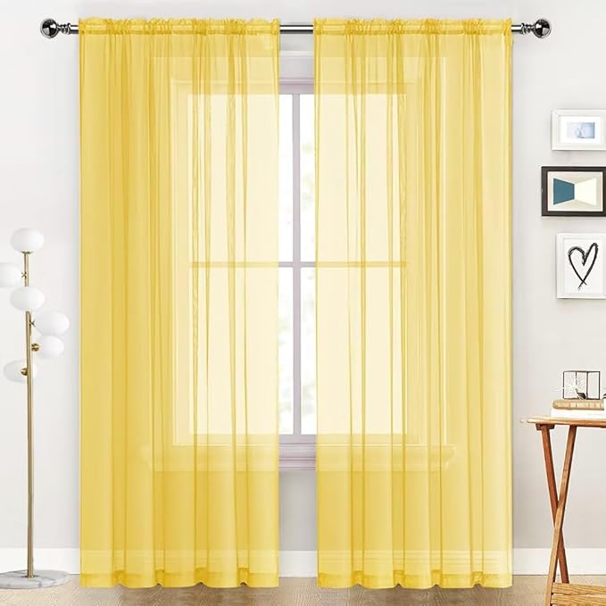 SpaceDresser Sheer Voile Window Treatment Rod Pocket Curtain Panels for Kitchen Bedroom Living Room Drapes Sunlight Filtering Privacy Semi Home Decor Assorted Colors Sizes (Yellow, 52 W x 54 L)