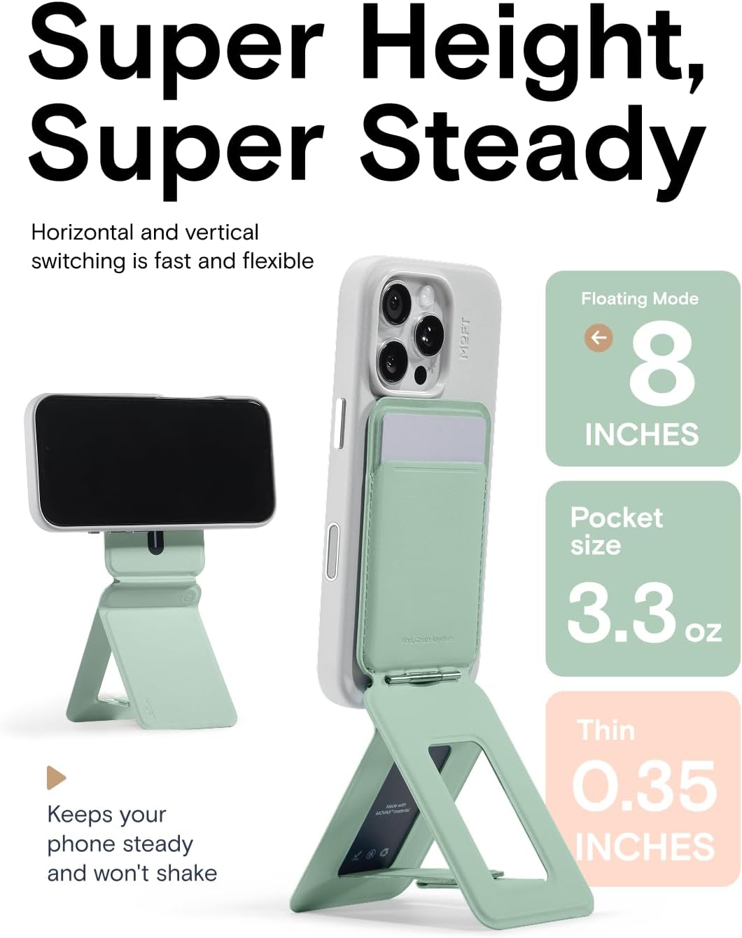 MOFT Phone Tripod Wallet for iPhone, Mulit-Angles, Lightweight Phone Stand, MOVAS Vegan Leather Magnetic Wallet, Strong Magnets, NFC Card Holder,Travel Essential, Peppemint (with Card Slot)