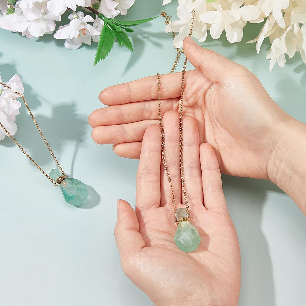 SUPERFINDINGS 2Pcs Perfume Bottle Necklace Essential Oil Diffuser Necklace Green Natural Fluorite Perfume Bottle Pendant with 304 Stainless Steel Chain Gemstone Vial Pendant for Woman Men