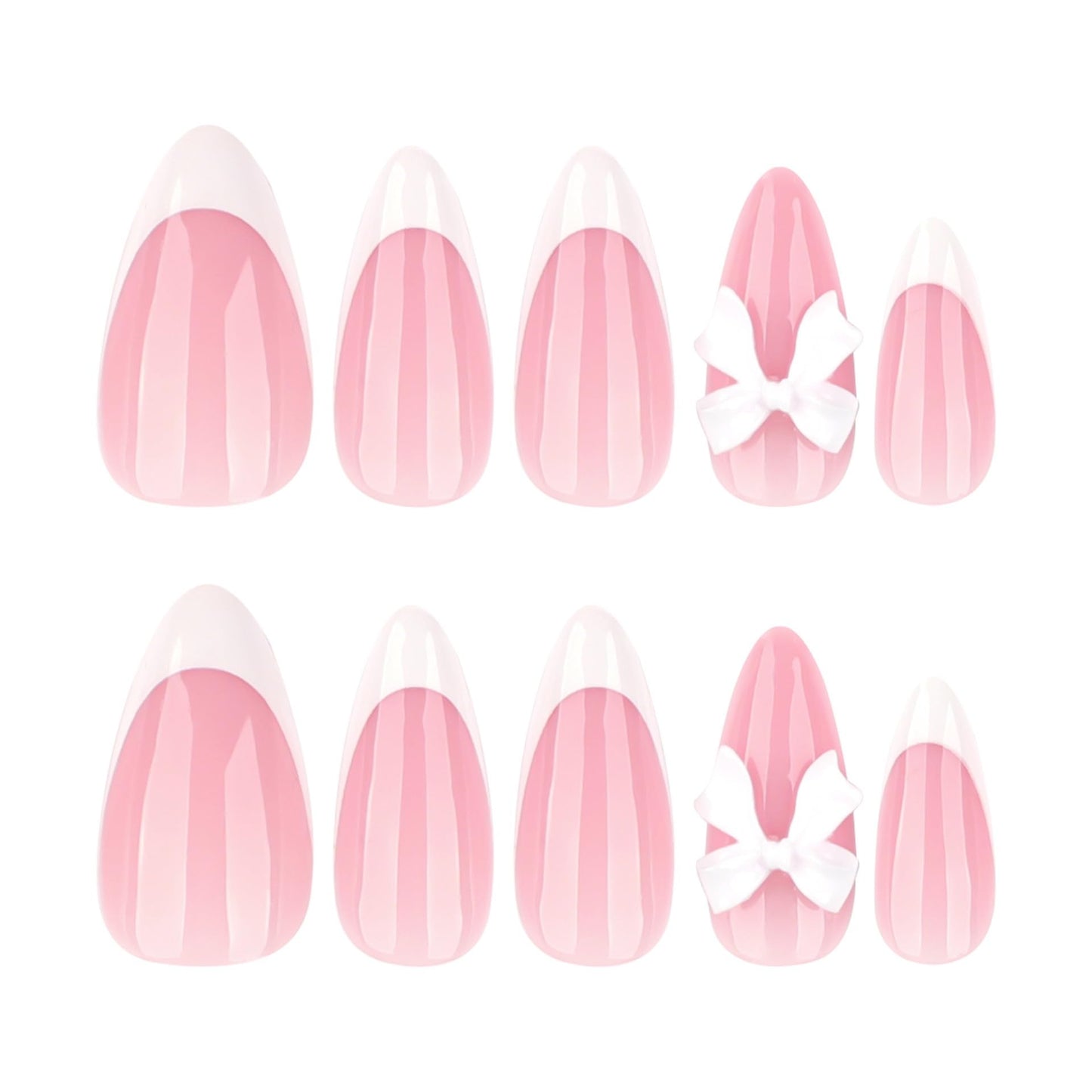 CTTHNBD Almond Press on Nails - White French Tip Fake Nails with Bow Charms Design - Glossy, Medium False Nails - for Women 24 Pcs