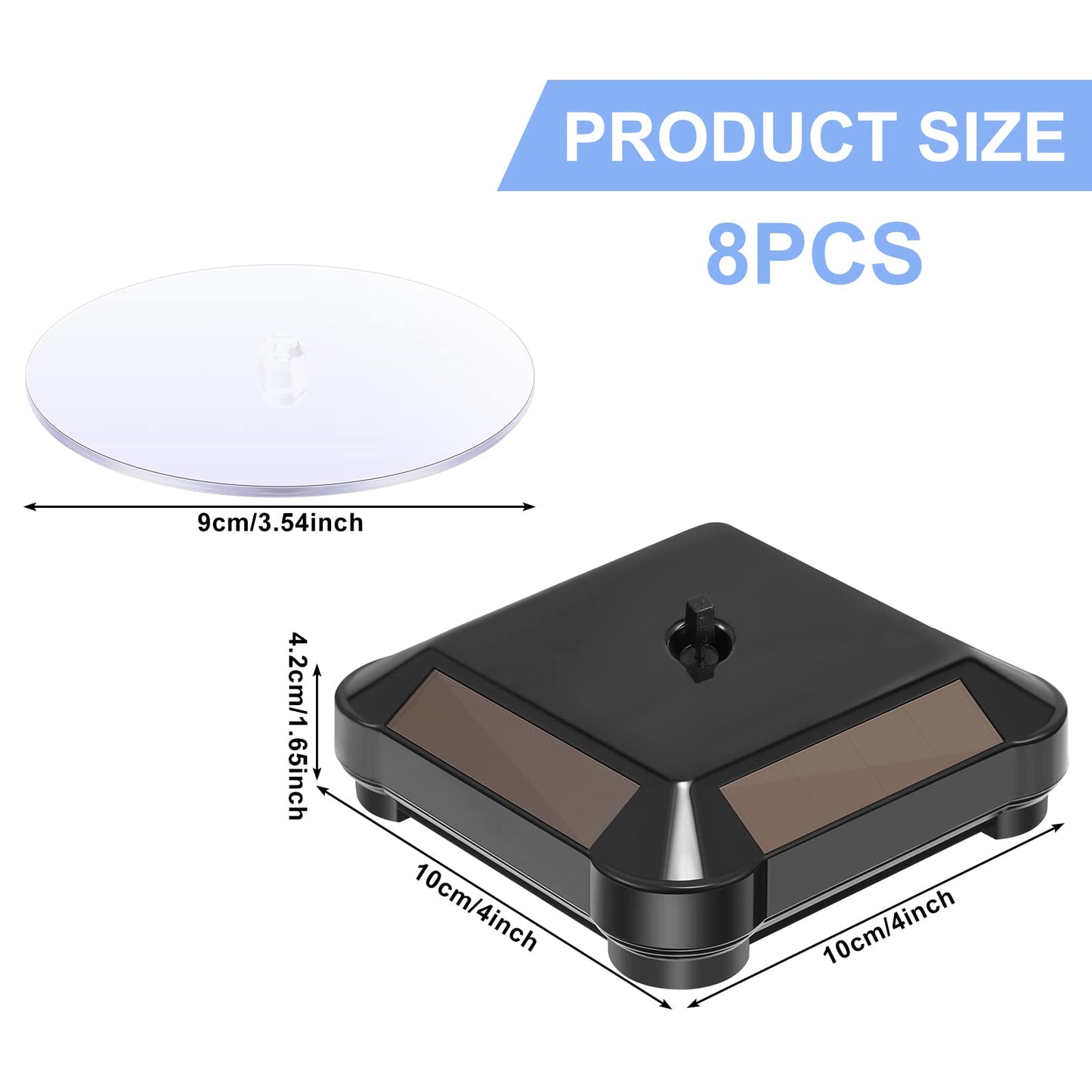 Xuhal 8 Pcs Solar Rotating Stand Turntable Battery Powered Double Use Solar Display Stand Jewelry Spinner 360 Degrees Solar Showcase Base Watch Hobby Collection Shelf for Table (Black)