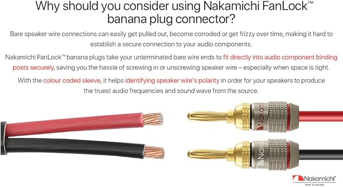 Nakamichi FanLock Excel Series 24k Gold Plated Banana Plugs 10 AWG - 18 AWG Gauge Size 4mm for Speakers Amplifier Hi-Fi Stereo Home Theatre Radio Audio Wire Cable Quick Connector, 24 Pcs (12-Pairs)