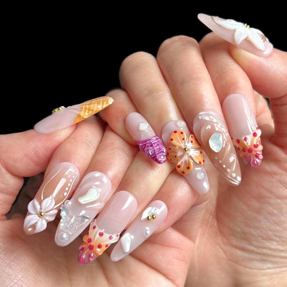 MAGLFELL Handmade Acrylic Press On Nails, 3D French Long Almond False Nails for Women, Reusable ABS Material Fake Nails, 10 Pcs Almond Stick On Nails, DIY Fingernails Art At Home (Size M)