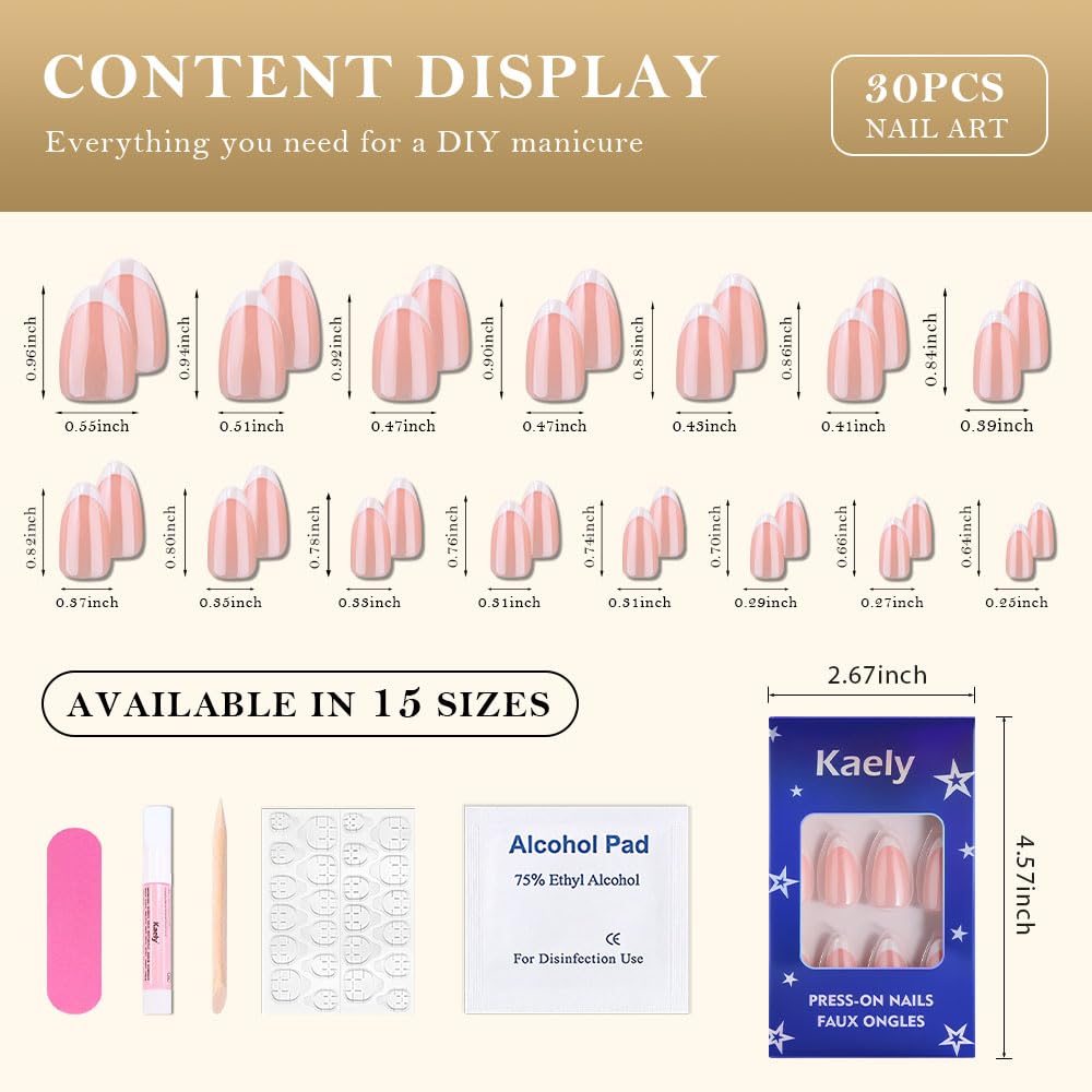 evpct French Tip Press On Nails Almond Medium, Warm Pink + Wihte Tips, Chrome Glazed Glossy Medium Almond Fake False Press on Nails, Reusable Gel Stick on nail Press ons Nail Kit, Salon Quality