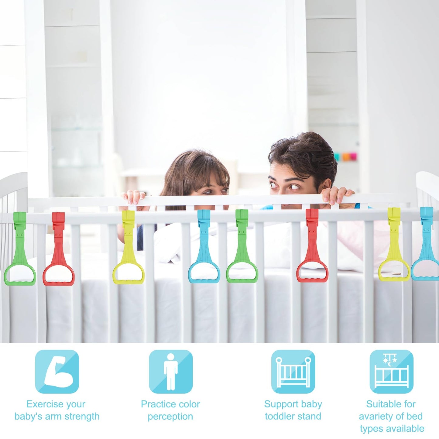 8Pcs Pull Up Rings - Baby Walking Exercises Assistant - Bed & Crib Stand Up Rings (4 Colors)