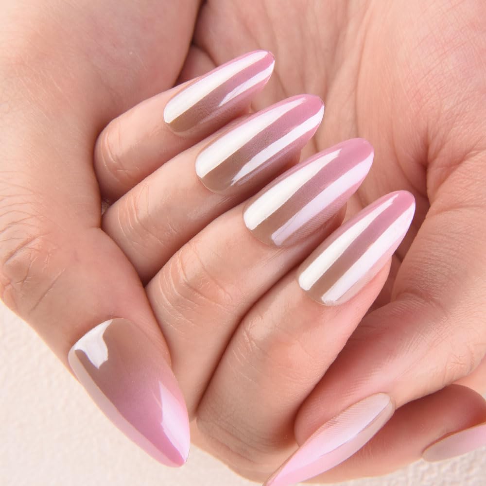 evpct Glazed Press On Nails Almond Medium, Ombre Nude to Pink, Chrome Glazed Glossy Medium Almond Fake False Press on Nails, Soft Gel Stick on nail Press ons with Nail Kit, Reusable Salon Quality