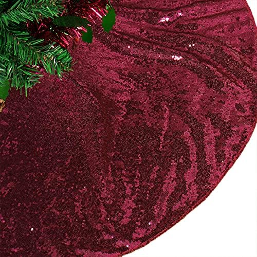 AMZLOKAE 48 Inch Burgundy Sequin Tree Skirt - Glitter Halloween and Xmas Sparkle Christmas Tree Skirt - Holiday Decorations Wine Kit