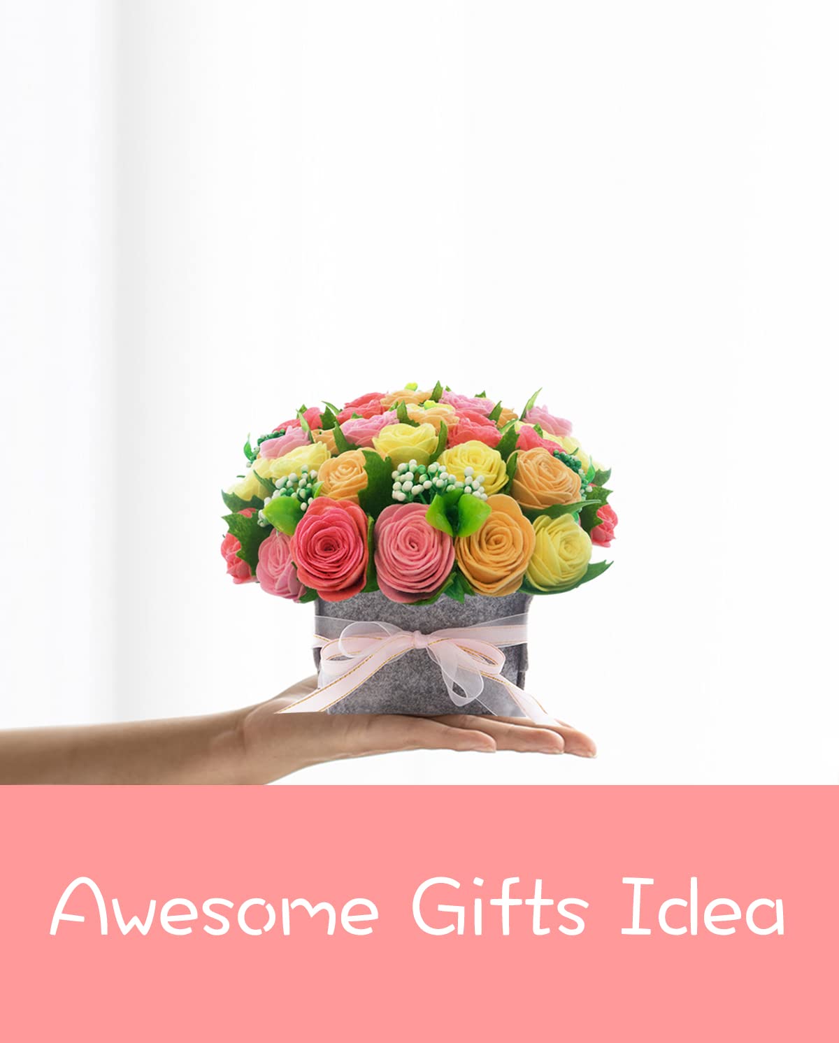 DIY Felt Flower Art Craft Kit, DIY Rose Pot Bonsai Kit, Beginner Floral Gifts - Arrange Pre-Cut Flowers and Foliage - Red, Pink, Yellow