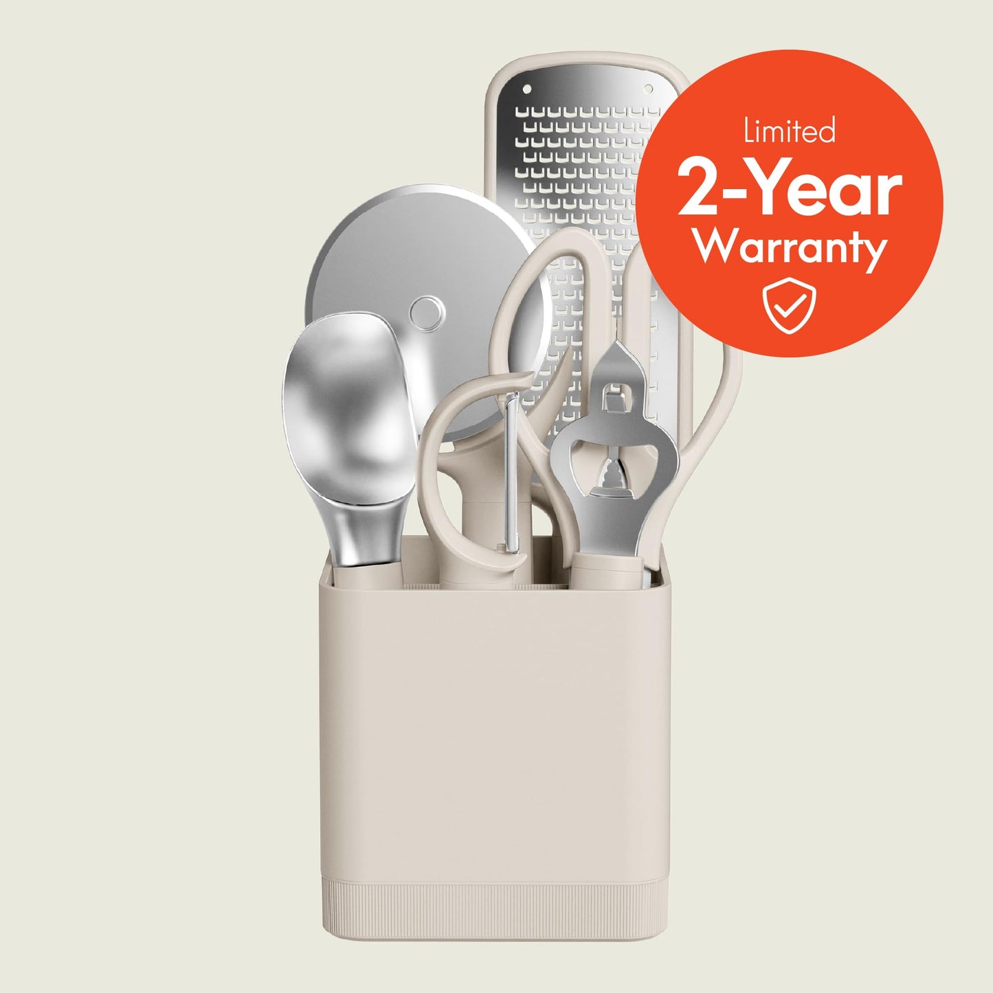 bella 7-Piece Modular Gadget Set, Grater, Pizza Cutter, Ice Cream Scoop, Peeler, Shears, Bottle Opener, Crock with removable divider, Dishwasher Safe, Oatmilk