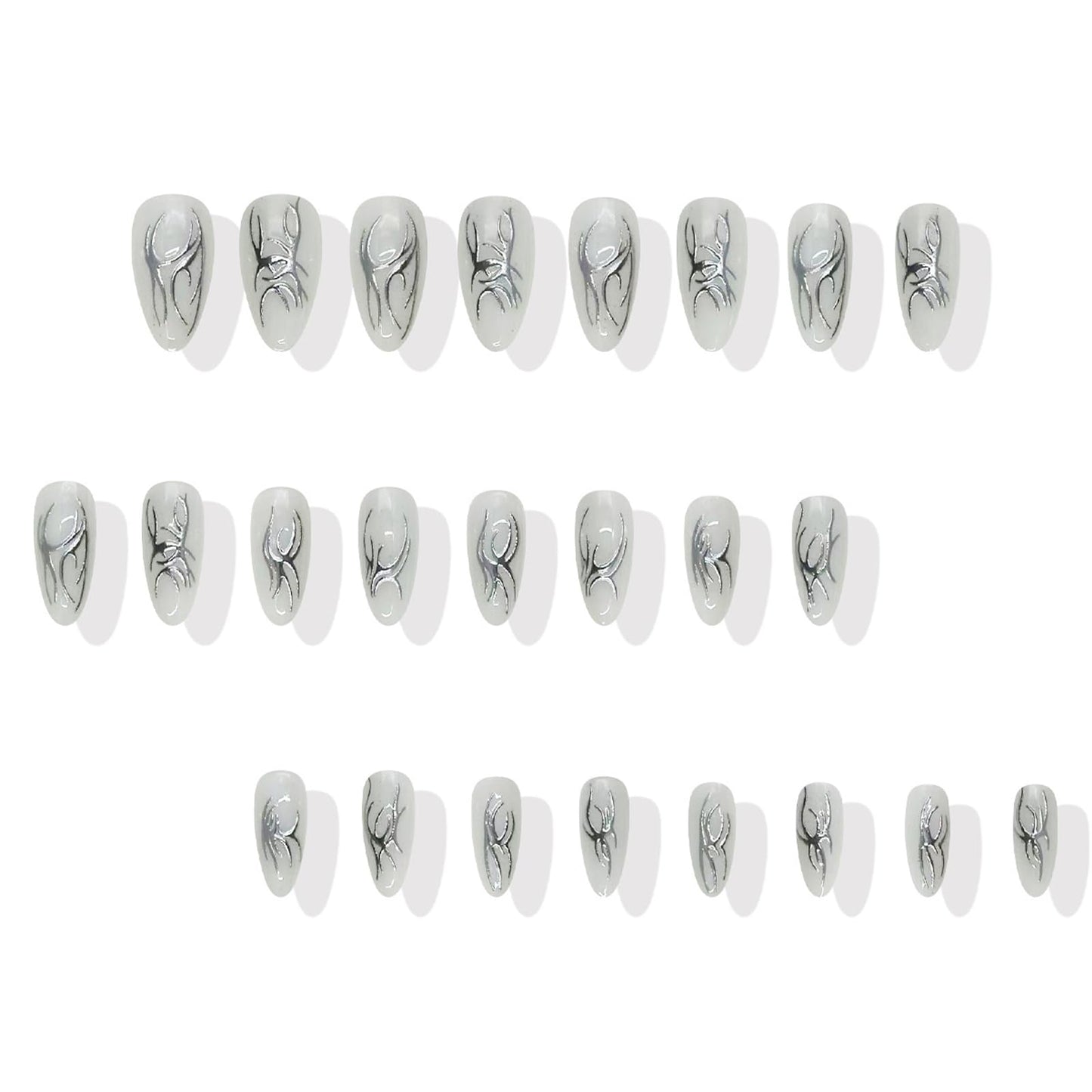 IMSOHOT White Press on Nails Medium Almond, Metallic Chrome Silver Totem Design, Full Cover Acrylic Glossy Gel Stick on Fake Nails Handmade Artificial False Nails 24Pcs