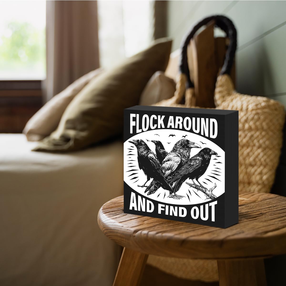 Funny Gothic Black Crow Sign Decor Goth Raven Black Wood Block Sign Crows Lover Gifts