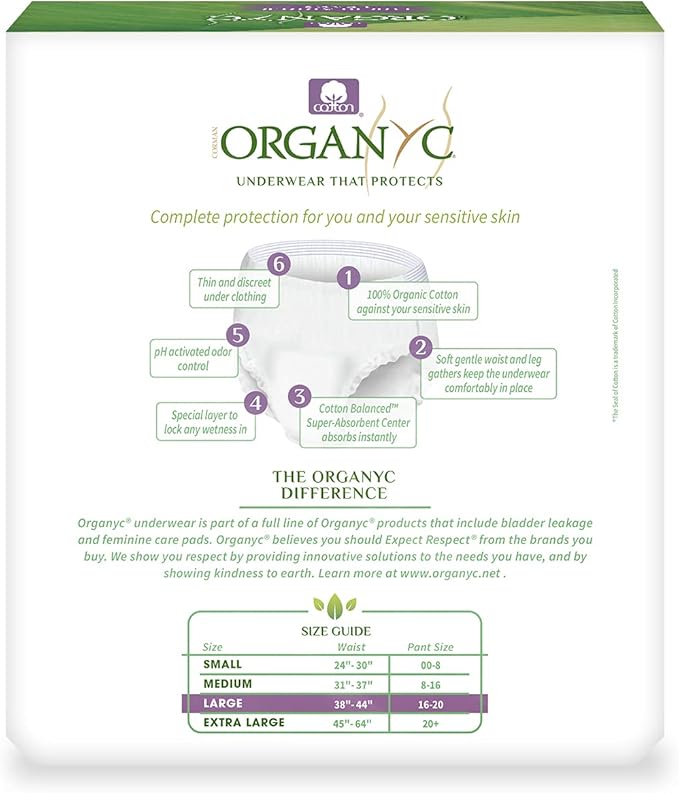 Organyc Bladder Control Underwear for Women - Organic Cotton Protective Underwear for Incontinence, Leak Protection, Odor Protection and Sensitive Skin, Large, 48 Count