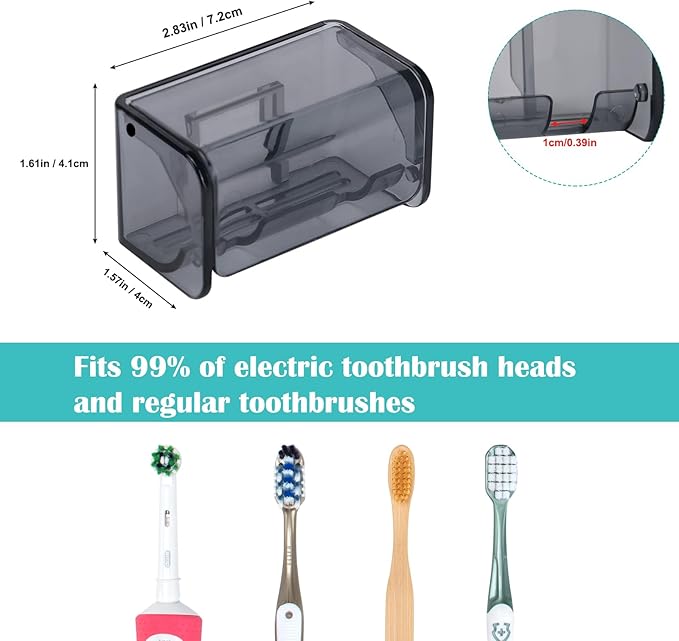 Toothbrush Holders Wall Mounted with Cover, Electric Tooth Brushing Holder for Bathroom, 2 Slots Self Adhesive Toothbrush Organizer, Toothbrush Stand for Family, Kids (1, Transparent Black)