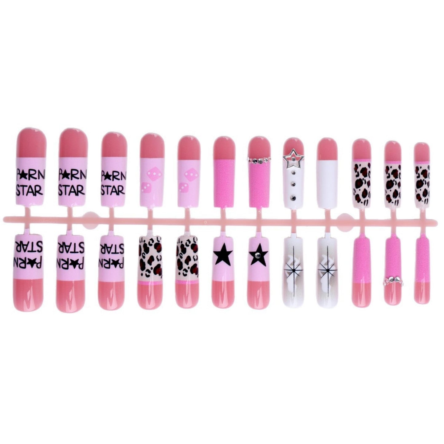 Long Press on Nails Square Fake Nails Pink Acrylic Nail Press Ons Seeneey Stars Designs Y2K Stick on Nail for Women 24pcs
