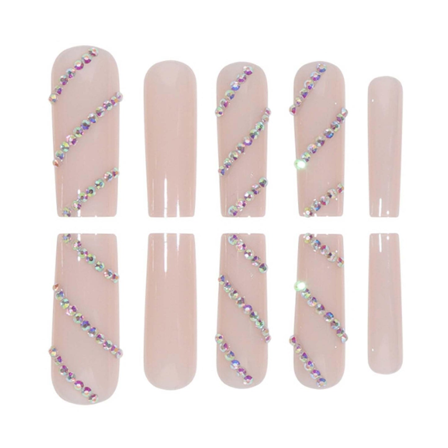 Gifiky Long Coffin Press on Nails Glitter Fake Nails Full Cover Nails Tips Nude Crystal Gem Design False Nails for Women and Girls 24Pcs