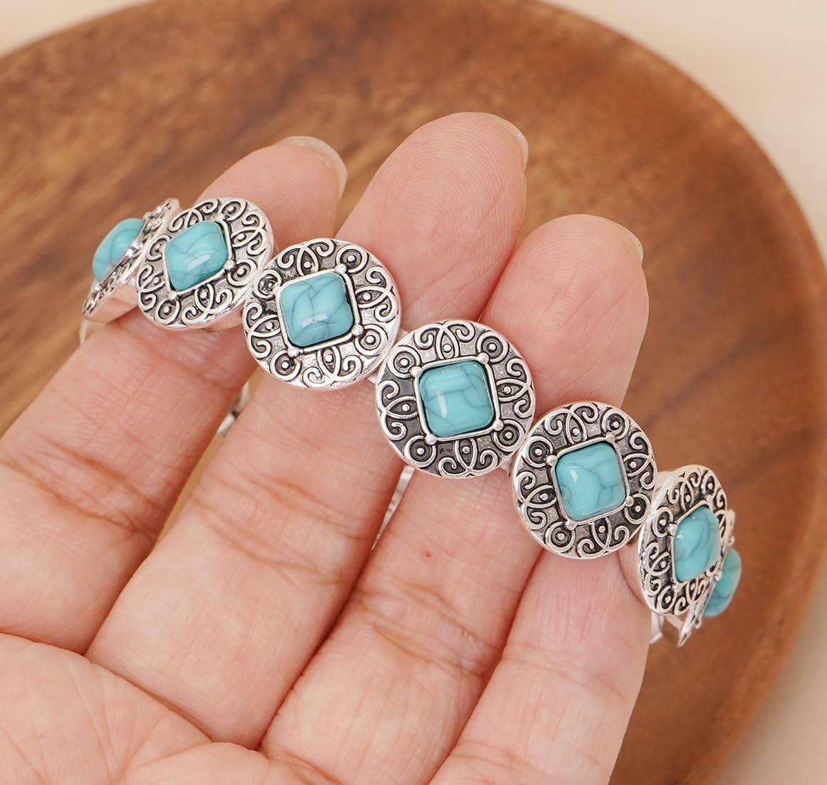 Wovanoo Turquoise Stretch Bracelets Boho Natural Stone Bangle Bracelet Adjustable Carved Wrist Bracelet Round