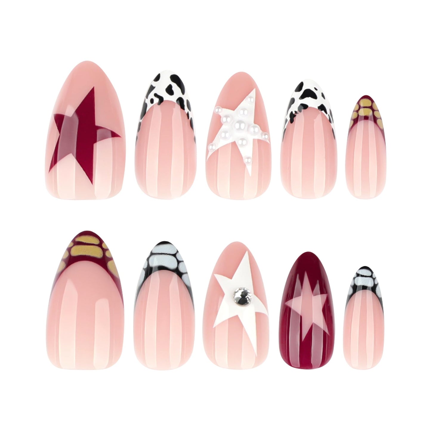 24pcs Star Press on Nails Medium Almond Fake Nails with Crocodile French Tip Designs False Nails Rhinestones Pearl Glue on Nail Full Cover Reusable Acrylic Stick on Nail for Women Manicure