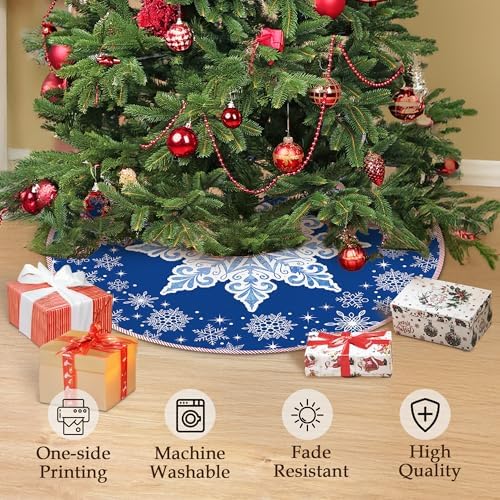 Blue Snowflake Christmas Tree Skirt 36 Inch, Blue Christmas Decorations, Winter Snowflake Xmas Tree Skirt for Home Xmas Party Winter Holiday Decor