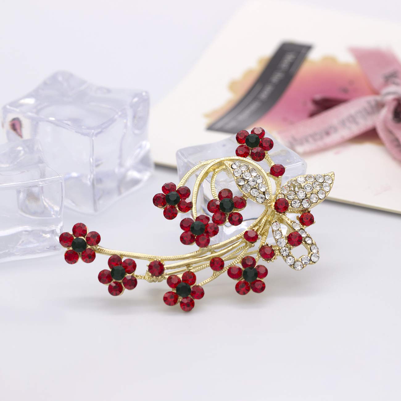 YOQUCOL Red Garnet Ruby Colour Cubic Zirconia Crystal Poppy Flower Shape Brooch Pins for Woman