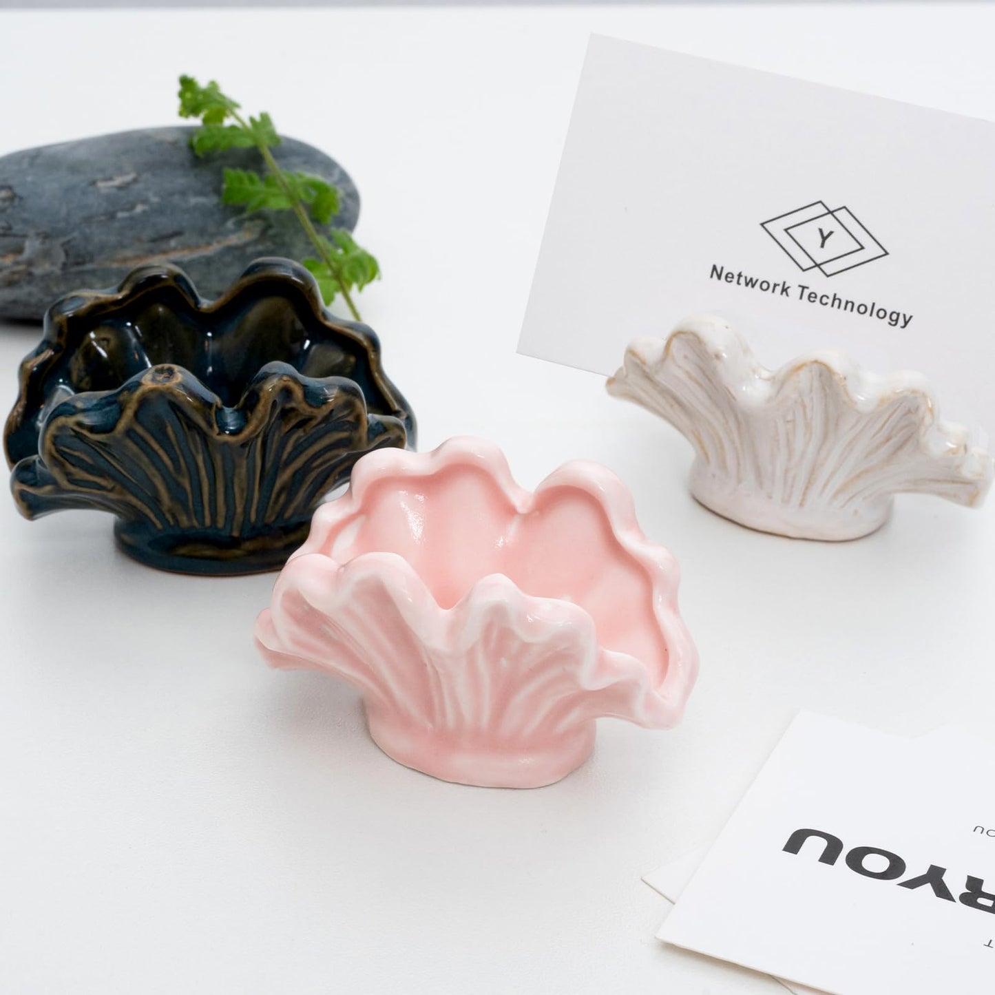 wowhalolo Ceramic Shell Business Card Holder Set of 3 - Pink, White, Blue - Boho Vertical Desk Organizer and Business Card Display for Office,Wedding,Home Decor- Cute Desk Accessories and Unique Gift