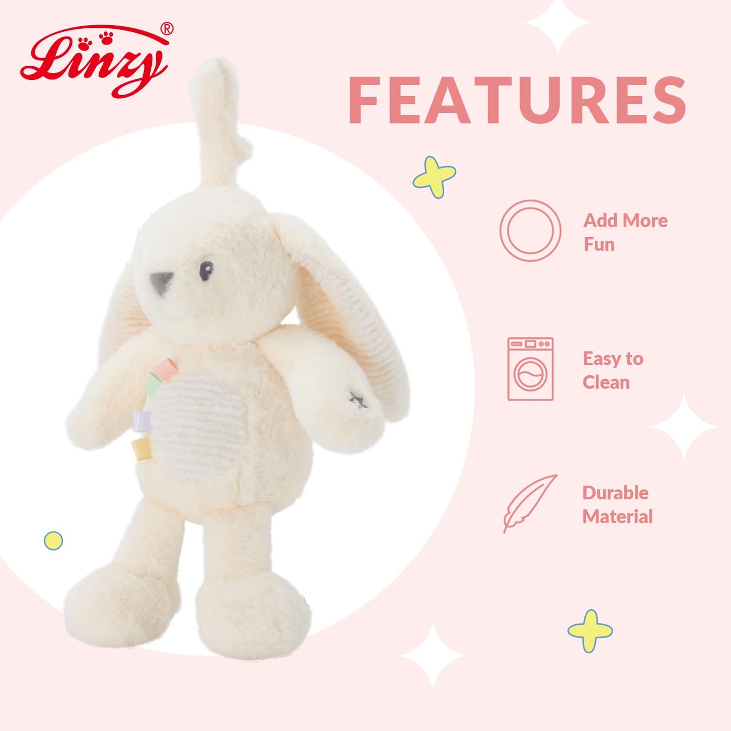 Linzy 10" Bunny Stroller Toy – Soft Bunny Plush Baby Toy with LED Night Light & Lullaby Music, Birthday Christmas for Newborns Toddlers Kids