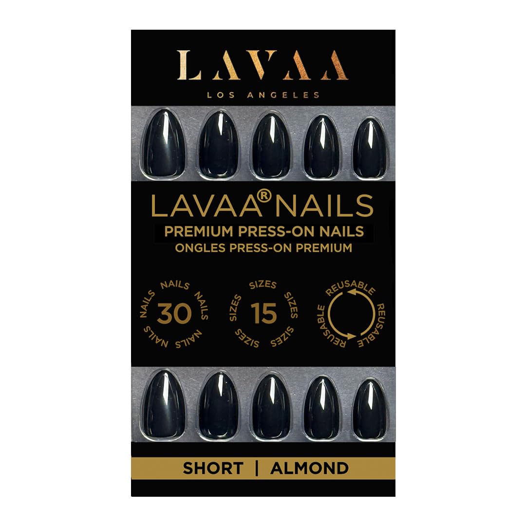 DARK QUEEN Press-On Nails by Lavaa Beauty | Short Almond Black Glossy Nails