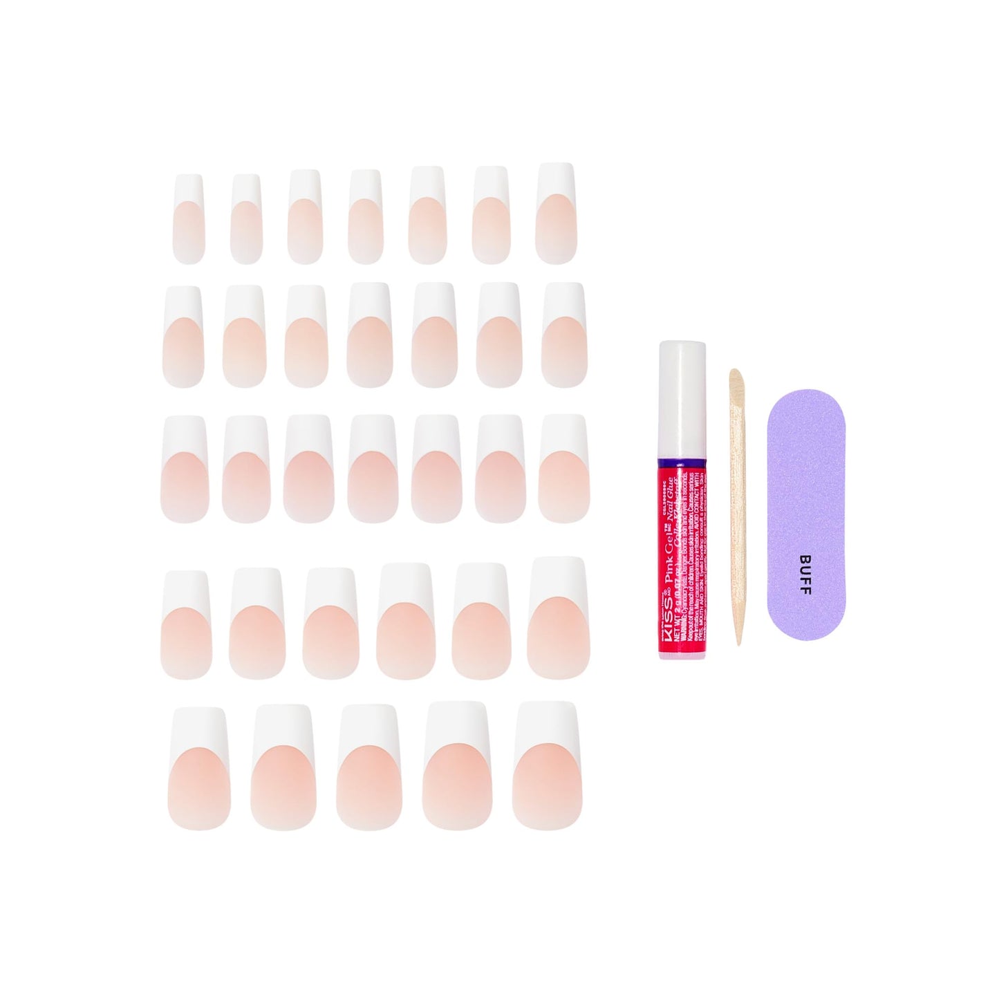 Kiss Core, Press On Nails, Nail glue included, 'Every Minute', White, Long Size, Square Shape, Includes 32 Nails, 2g Glue, 1 Manicure Stick, 1 Mini File