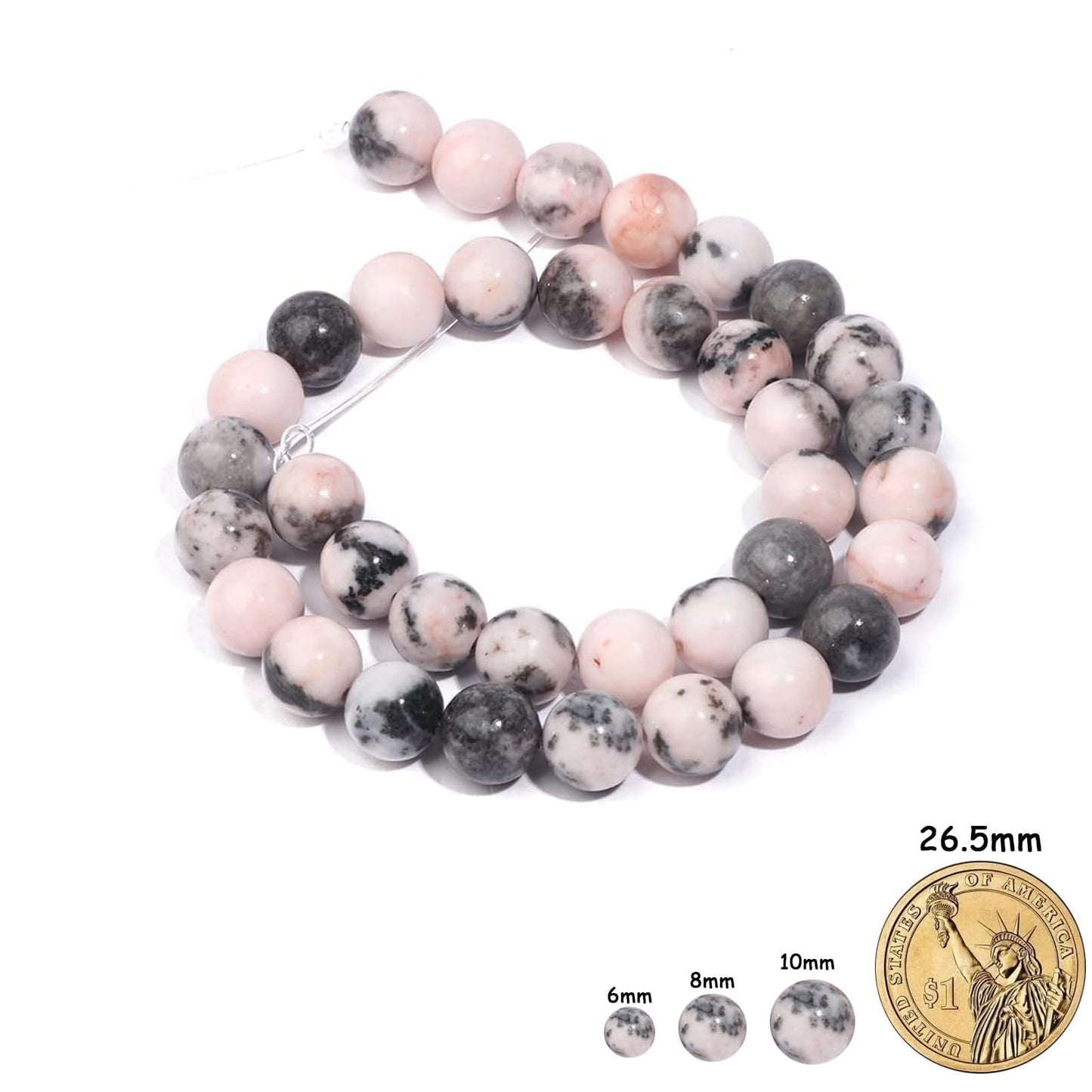 Yochus 45pcs Pink Zebra Beads，8mm Healing Power Natural Stone Round Loose Beads for Jewelry Making Earring Necklace DIY Crafts