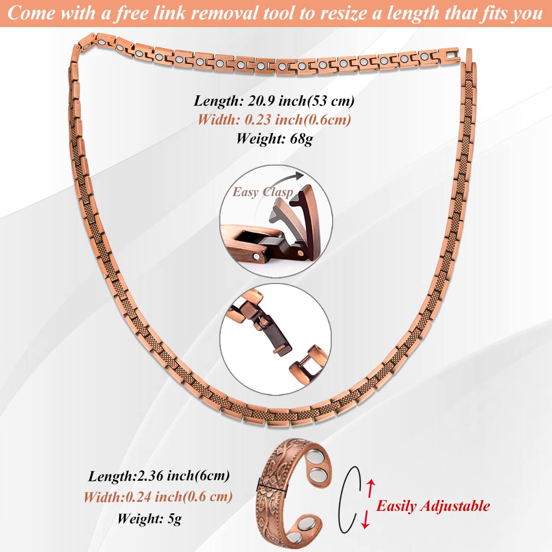 Cigmag Copper Necklace for Men Women - Magnetic Necklace 99% Solid Pure Copper Ring Set Ultra Strength Magnets - with Adjustable Sizing Tool and Present Box