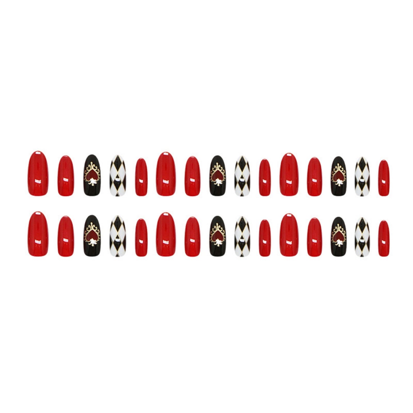 Almond Press on Nails Medium Fake Nails Red Artificial Nail Seeneey Heart Love Poker Stick on Nail for Women 30pcs