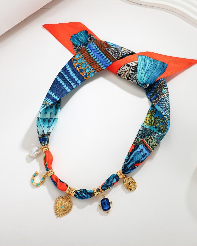 FAUTHENTICUTE Boho Scarf Necklace with Multi Heart Horseshoe Pearl Rhinestone Charms Summer Beach Statement Necklace for Women