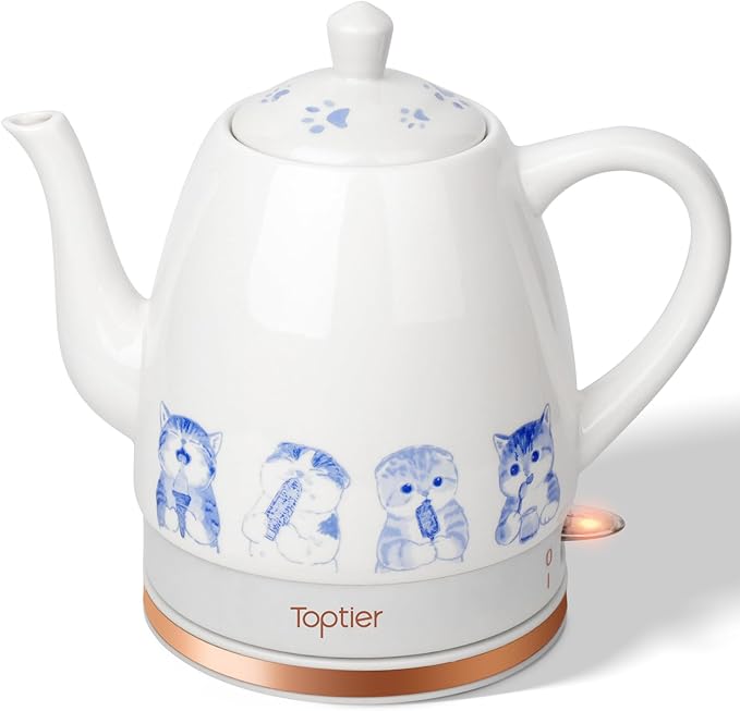 Toptier Electric Ceramic Tea Kettle, Boil Water Quickly and Easily, Detachable Swivel Base & Boil Dry Protection, Carefree Auto Shut Off, 1.5 L, Greedy Cat