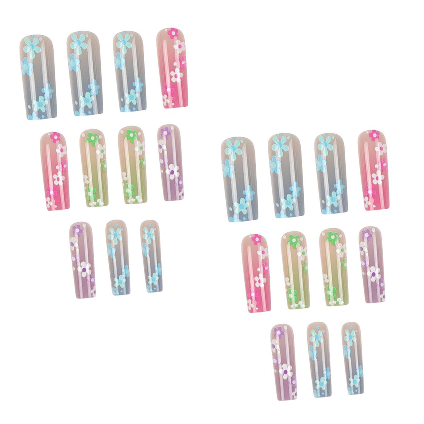 IMSOHOT Long Square Press on Nails Colorful Ombre Fake Nails with Small Flower Designs Glossy Acrylic False Nails Glossy Acrylic Stick on Nails for Women 24Pcs