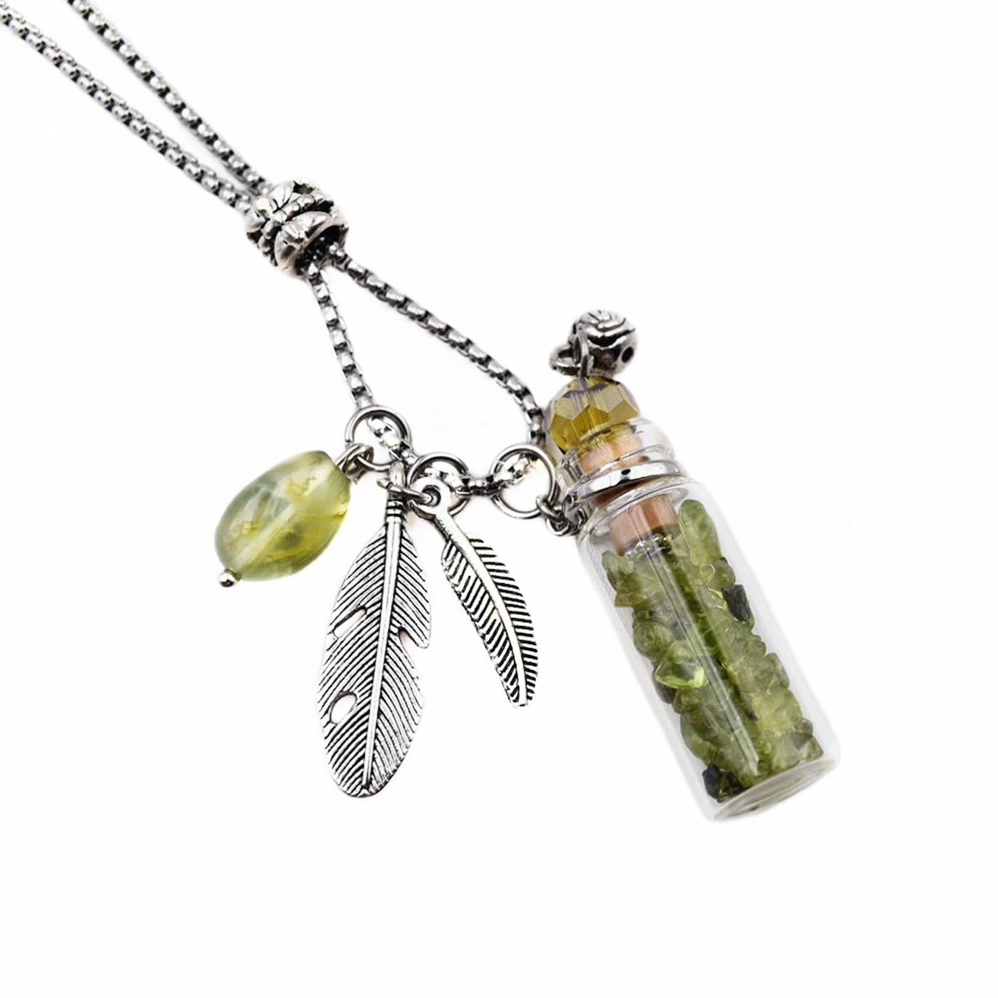 CoolDIY Aromatherapy Essential Oil Diffuser Necklace Stainless Steel Chain Pendant Necklace Perfume Diffuser Glass Vial with Crystal stone (Green)