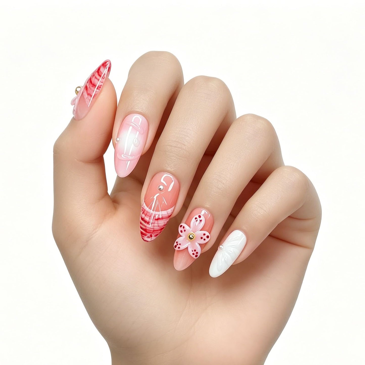 10 Pcs Handmade Press on Nails Medium Almond Fake Nails with 3D Flower French Tip Design White Acrylic False Nails Medium Almond Press Ons Nails M Size for Women Summer Manicure