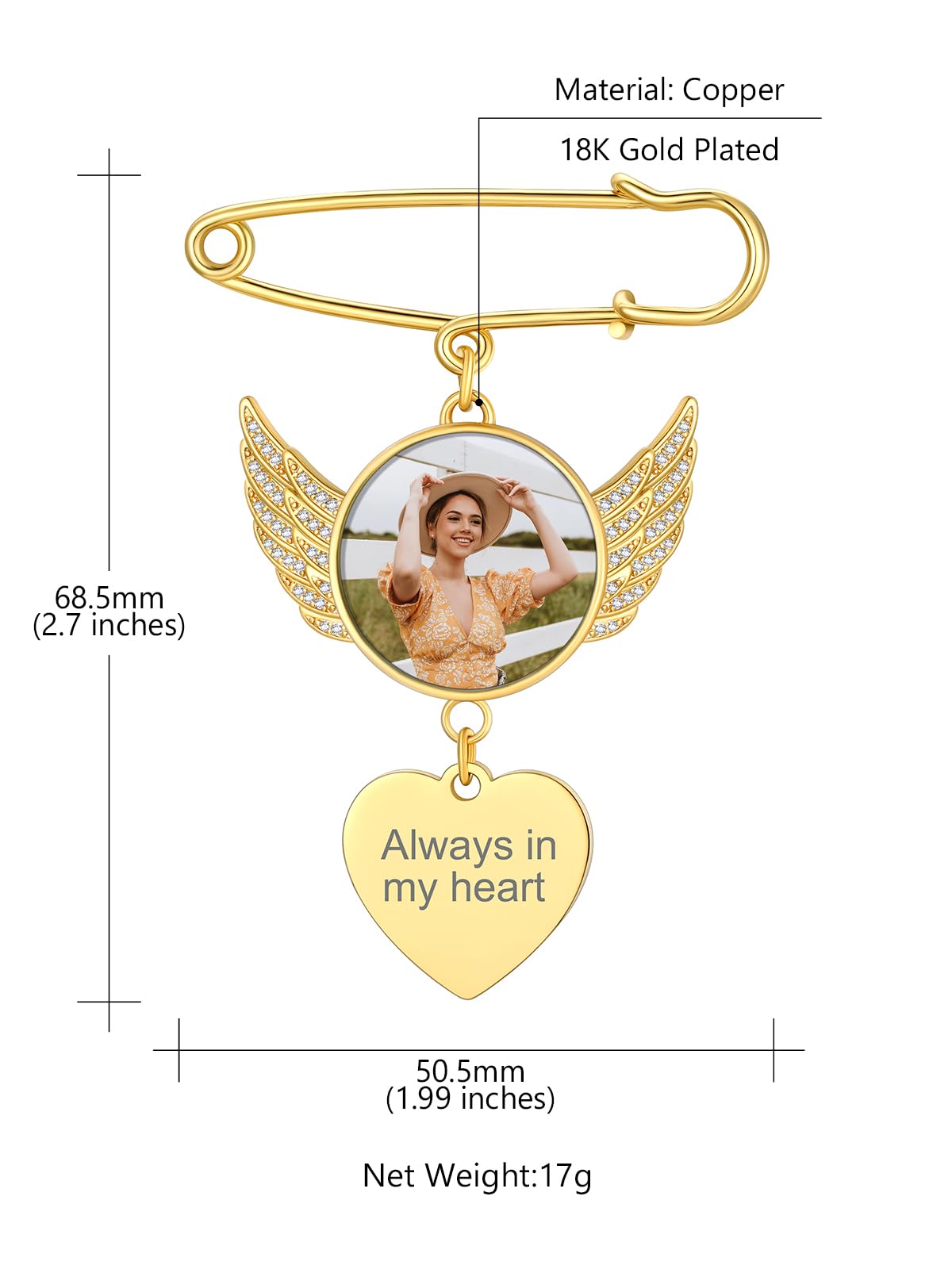 Custom4U Angel Wings Customizable Photo Pins with Name Engraving, Wedding Bouquet Brooch for Bride Groom Mother Father