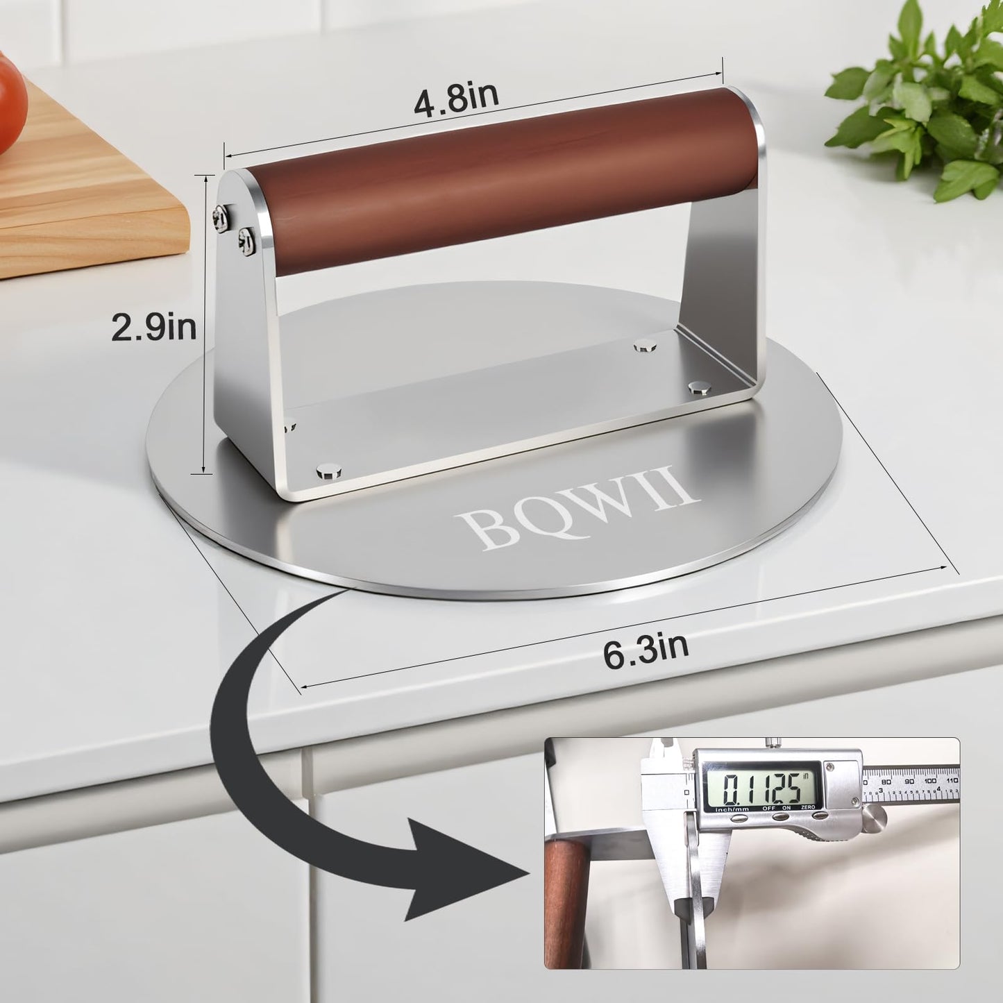 BQWII 6.3inch Burger Press, Round Stainless Steel Meat Patty Pressing Tool, Suitable for Burger Patties, Steaks, BBQ, Bacon,Baking, Grill Press with Wood Handle