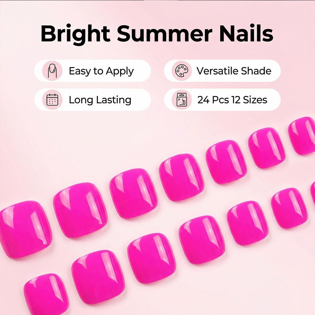 Helenfinz Press on Toenails, Hot Pink Fake Toe Nail with Pure Color Design, Glossy Reusable Stick on Toe Nails for Women - Acrylic False Full Cover Tips