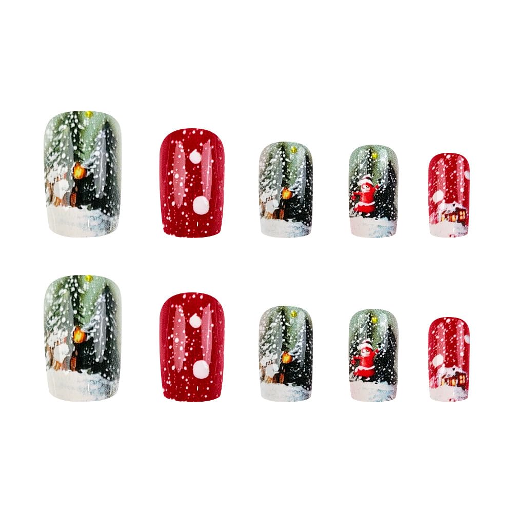 24Pcs Christmas Red Press on Nails Winter Snow House Fake Nails with Christmas Tree Designs Short Square False Nail for Women Acrylic Glue on Nail Xmas Short Reusable Nails
