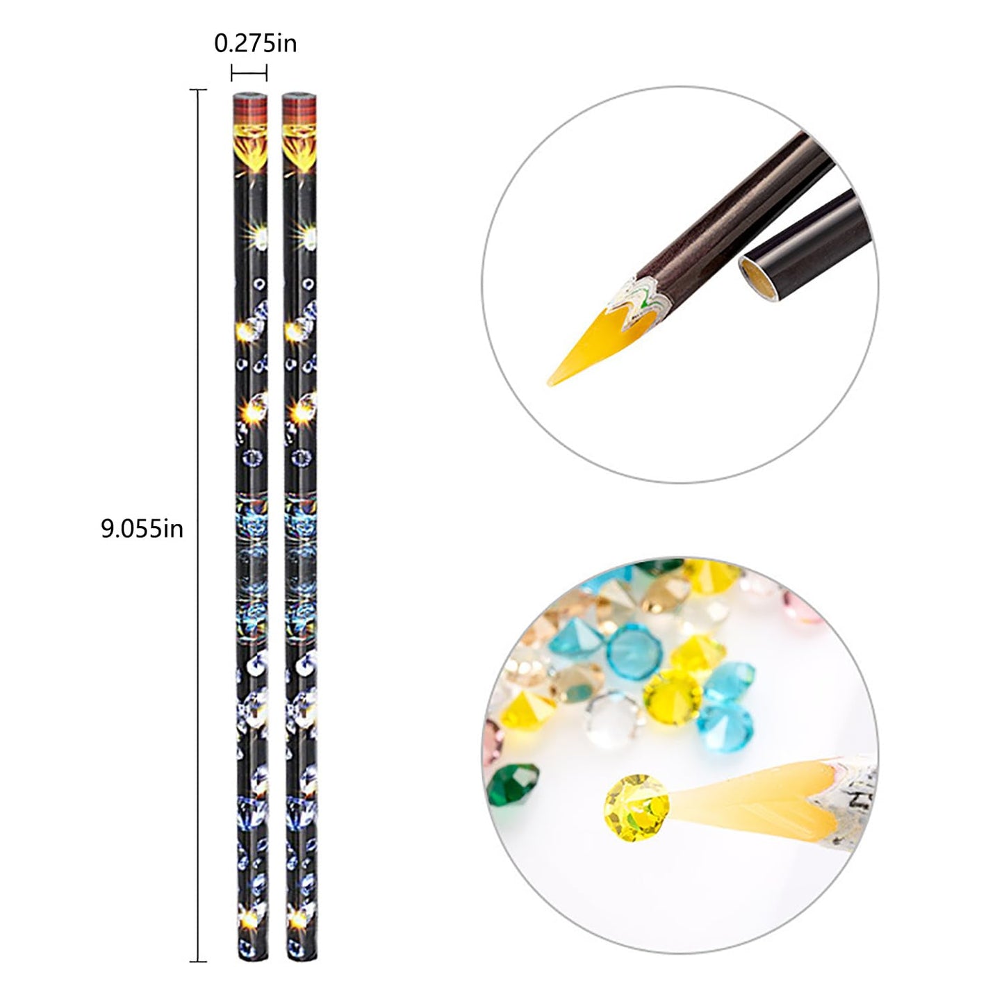 JERCLITY 10 Piece Yellow Refill Rhinestone Picker Pencil Set Self Adhesive Nail Dotting Wax Pen with 5 Piece Triangular Beads Sorting Tray for Nail Art Decoration