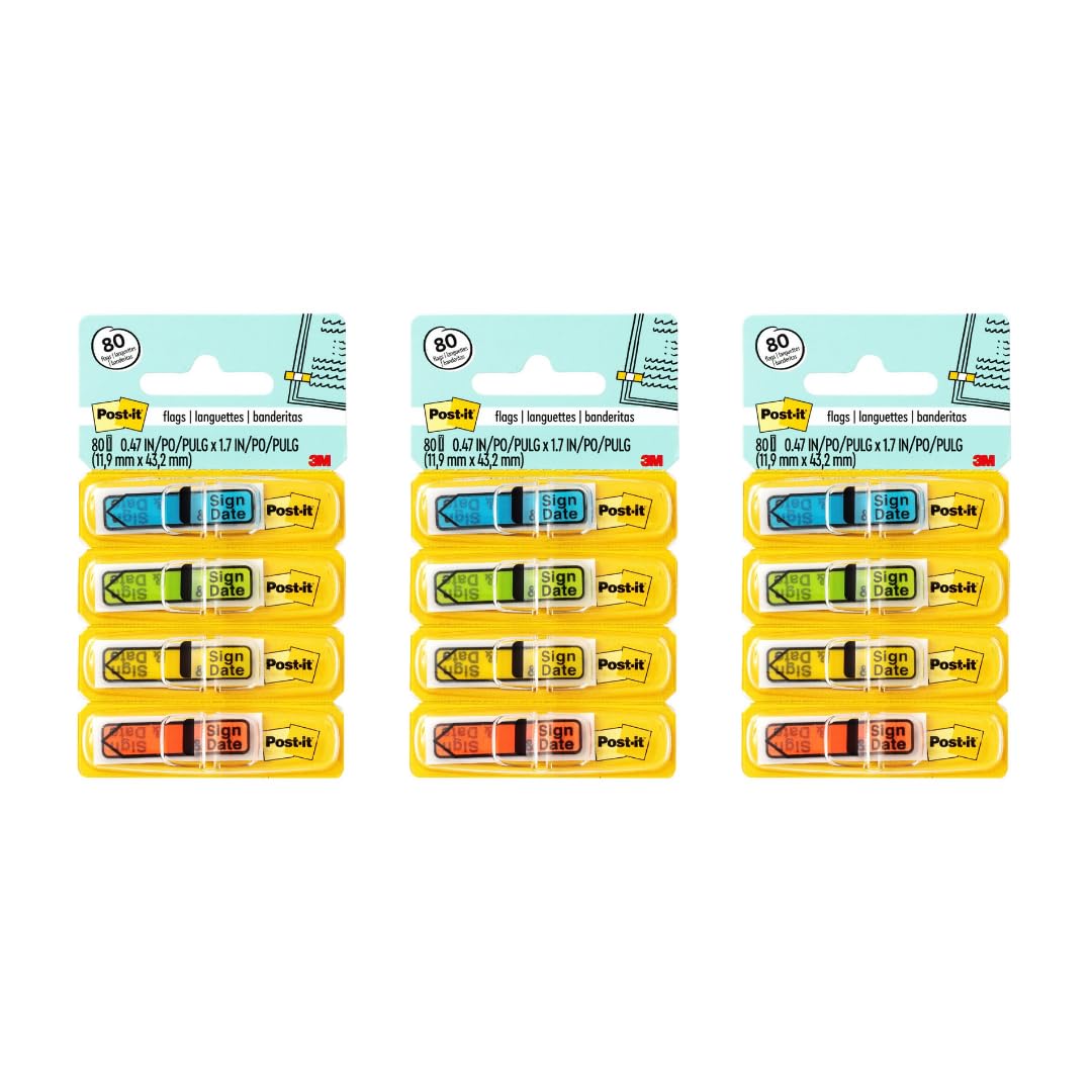 Post-it Message Flags, Sign and Date, 30/Dispenser, 4 Dispensers/Pack, .47 in Wide, Assorted Colors (684-SD) (3 Pack)
