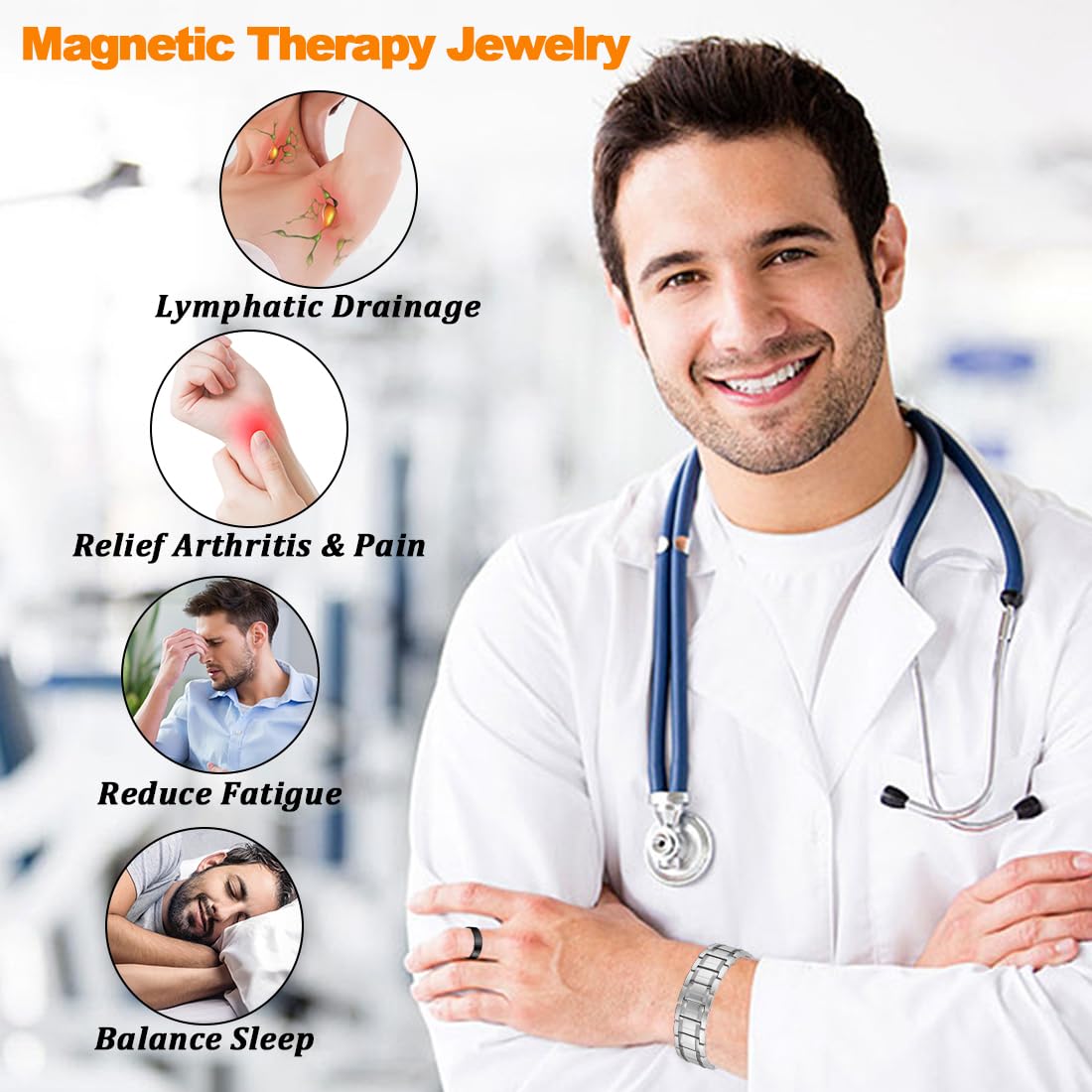 Cigmag 3X Magnetic Bracelets for Men Ultra Strength Titanium Steel Bracelet Wrist Adjustable with Sizing Tools (Silver with Ring)