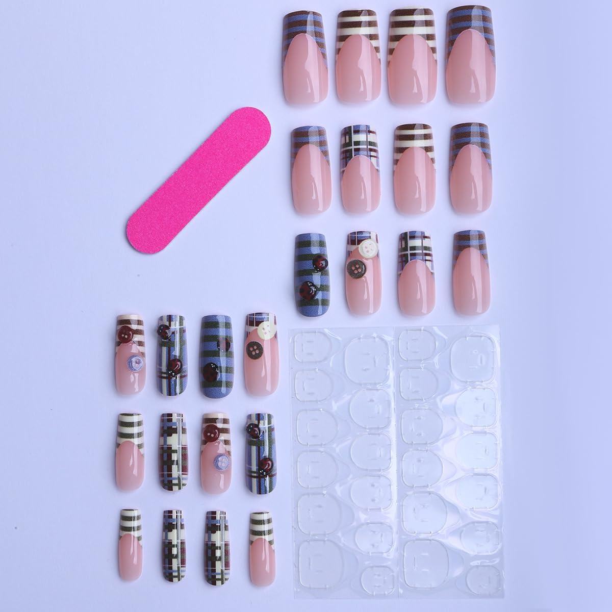 plalely Square Press on Nails Medium Blue Fake Nail Blue and Brown Stripes Acrylic Nail Press ons with Cute 3D Charms Stick on Nail for Women 24pcs