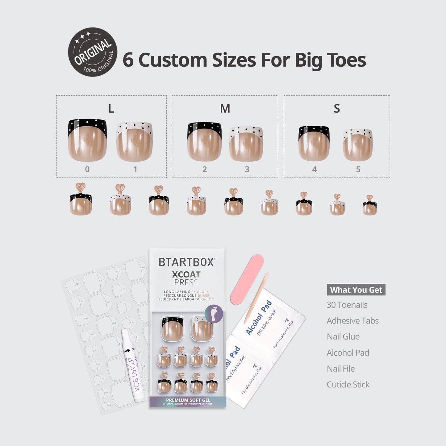 BTArtbox Press On Toenails Short - Kismet Duo, Lamp-Curable Polka Dot Chrome French Tip Square Toe Nail Press Ons with Glue and Adhesive Tabs for Women in 15 Sizes - 30 Toenails All-in-One Kit