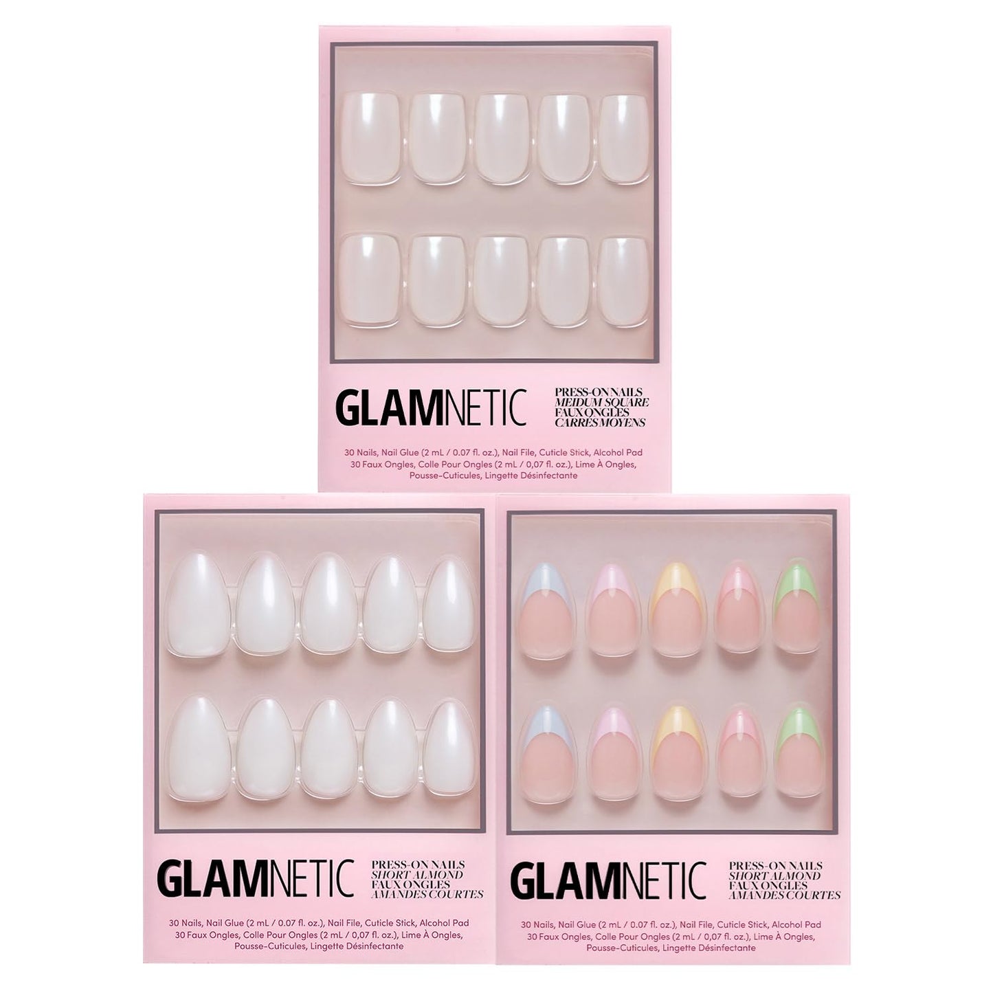 Glamnetic Press-On Nails Bundle - Bailey, Hailey & Confetti | Medium Square Fake Nails, Sheer White Glazed | Glazed Short Almond False Nails | Glossy Short Almond Pastel French Tips