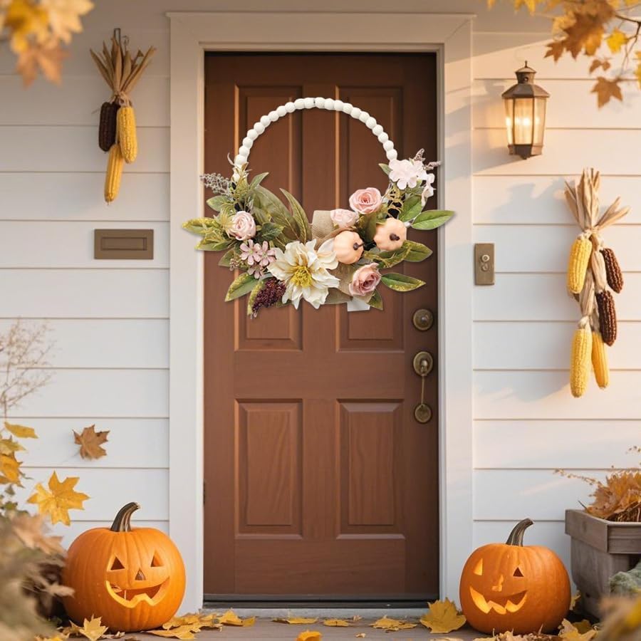 Fall Wreaths for Front Door, Autumn Wreath with Pumpkins, Berries and Leaves for Indoor Outdoor Porch Thanksgiving Farmhouse Harvest Halloween Home Décor (Pink Pumpkin)