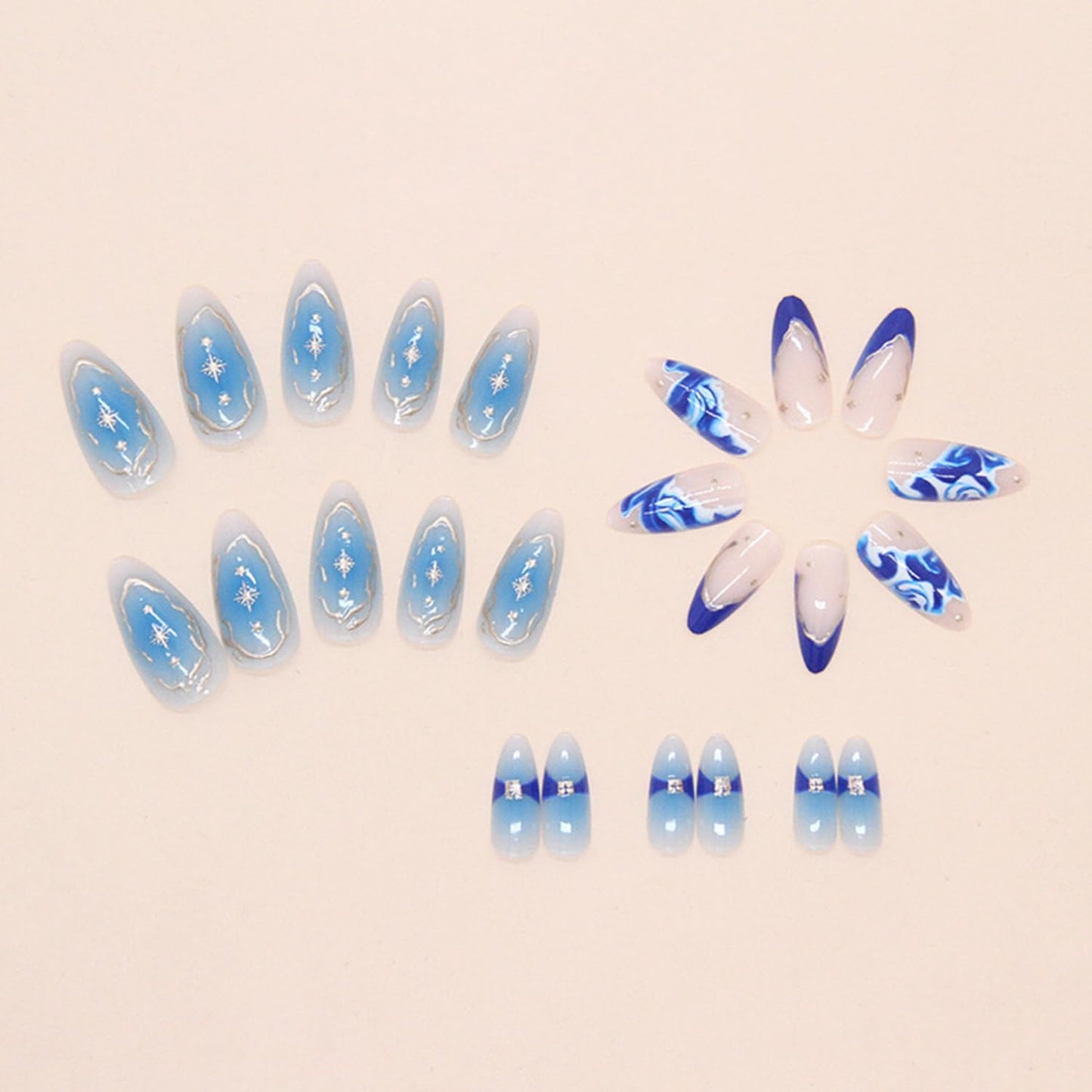 Blue Marble French Tip Press on Nails Long Almond Fake Nails with Design Glossy Gradient Acrylic Glue on Nail Reusable Full Cover Artificial Stick on Nail for Women DIY Manicure
