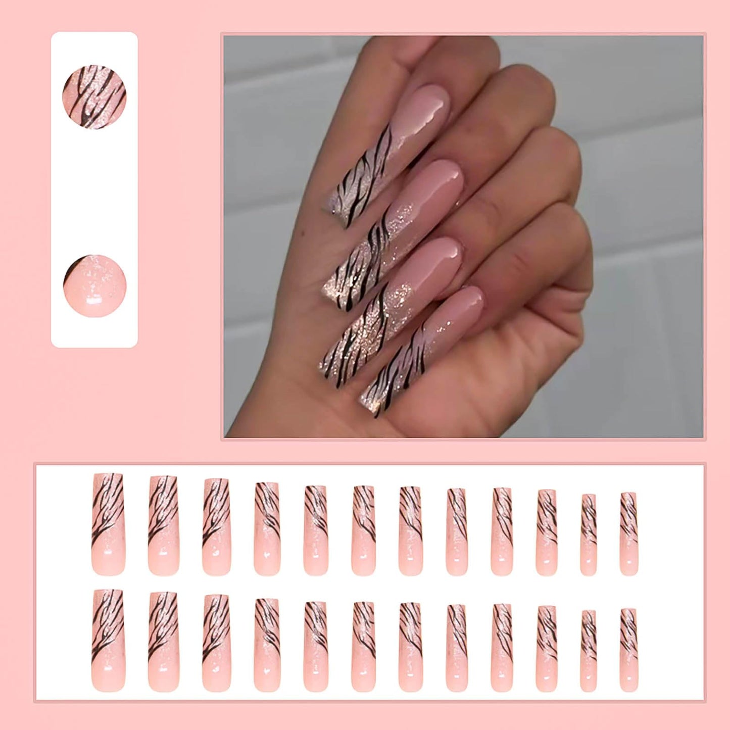 RUOKEXIN Long Square Press on Nails French Tip Fake Nails Silver Glitter False Nails with Silver Ripple Designs Long Square Glue on Nails Sparkly Artificial Nails Cute Stick on Nails for Women 24Pcs